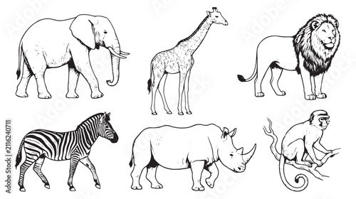 Canvas Print Safari animal vector set, hand drawn wild animals collection including elephant,