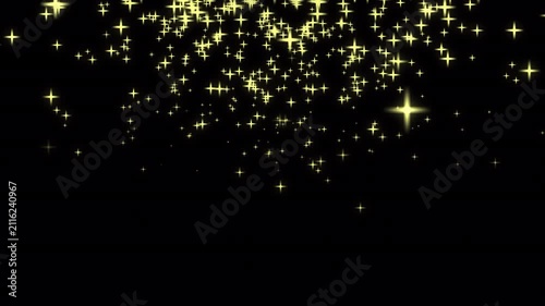 Many bright golden sparkling star shapes on dark black background. Suitable for magical, celestial, festive designs needing a touch of glamour.