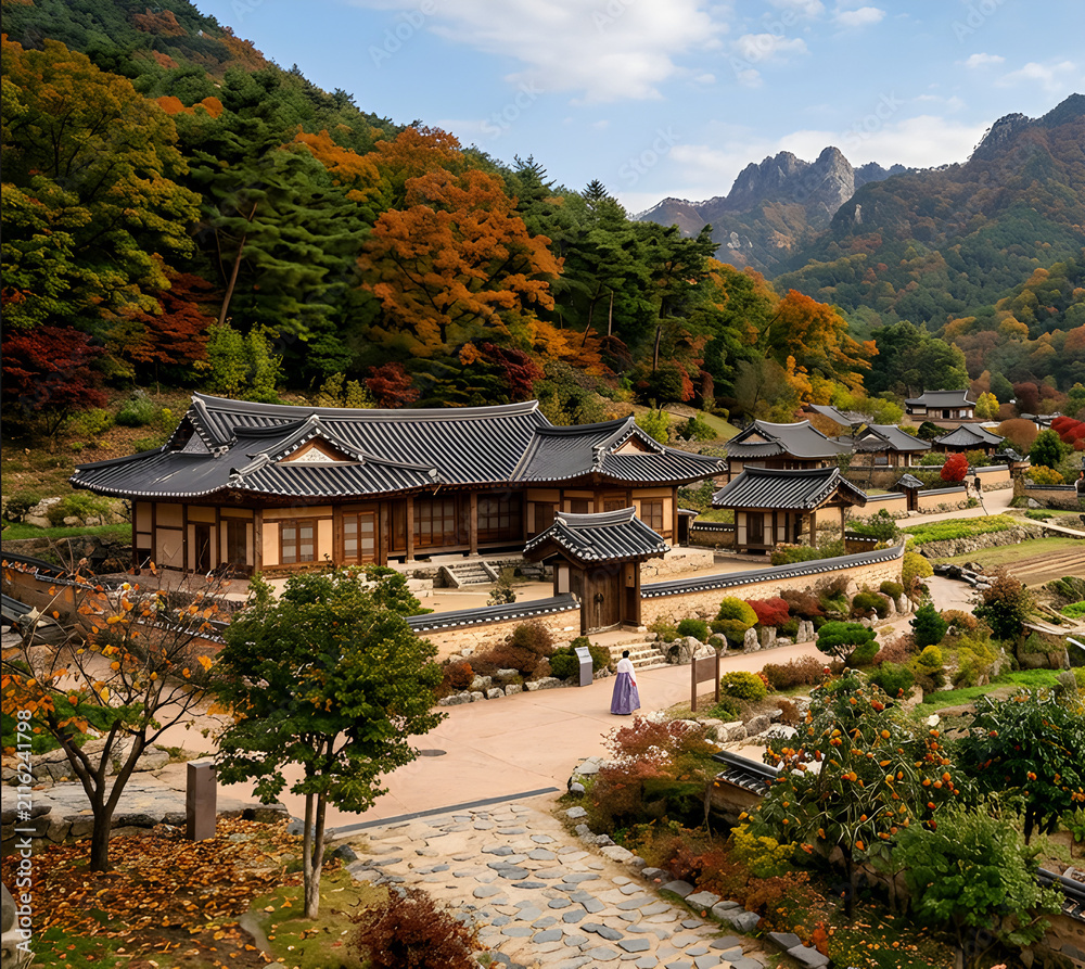 Obraz premium El paisaje otoñal en armonía con los hermosos hanok de Corea.