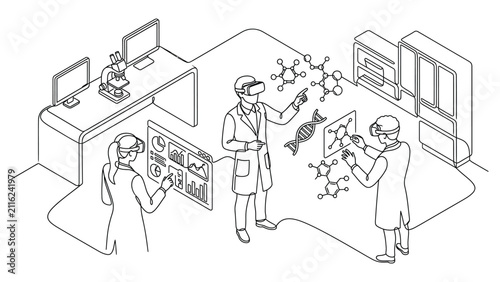 Scientists utilizing virtual reality and augmented reality for advanced molecular research and data analysis in a laboratory setting.