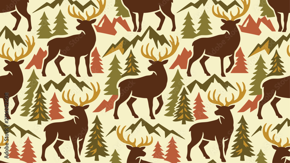 Obraz premium Seamless woodland pattern featuring moose, evergreen trees, and mountain silhouettes for textiles, decor, and branding. Flat vector illustration EPS 10.