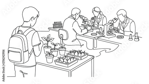 Students and researchers working in a botanical science laboratory.