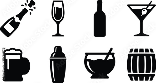 Obraz na płótnie Alcoholic beverages and bar equipment icon set featuring cocktail cocktail shake