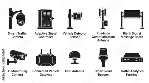Smart traffic management icons set, 10 black vector road monitoring elements, intelligent transportation system sensors and surveillance cameras