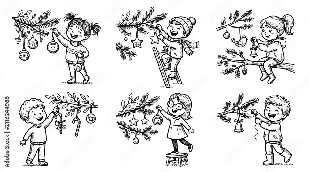 Obraz premium Children decorating Christmas tree with ornaments and candy canes