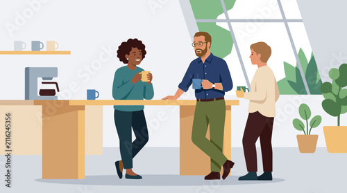 Colleagues enjoying coffee break and conversation in modern office kitchen
