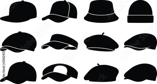 Foto Hat and headwear silhouette icon set featuring black shapes of baseball caps bea