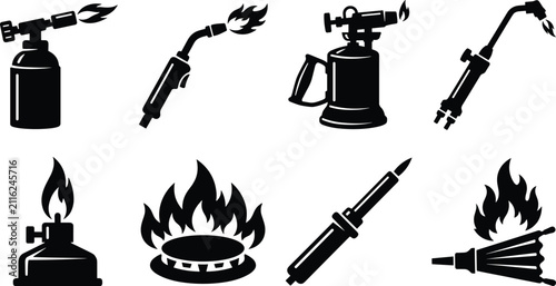 Bild auf Leinwand Industrial heating and welding equipment icons set featuring gas torch blowtorch