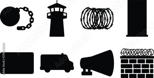 Prison and security icon set featuring black silhouettes of watchtower barbed wire handcuffs and guard wall vectors