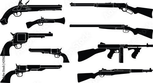 Bild auf Leinwand Set of vintage historical firearms and classic guns silhouettes vector collectio