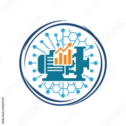 A circular industrial pump icon with a rising growth chart graphic