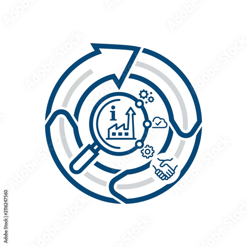 A circular industrial process icon with a magnifying glass symbol