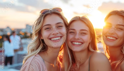 Happy young women celebrating friendship at sunset rooftop party
