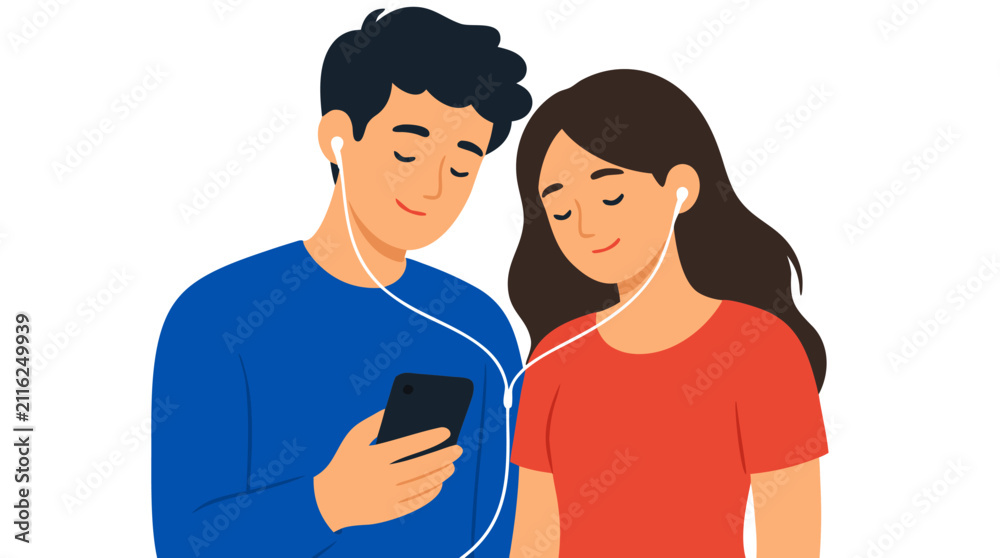 Obraz premium Warm flat vector illustration of a smiling young man and woman sharing earphones while listening to music from a smartphone, symbolizing friendship, romance, connection, harmony, and joyful