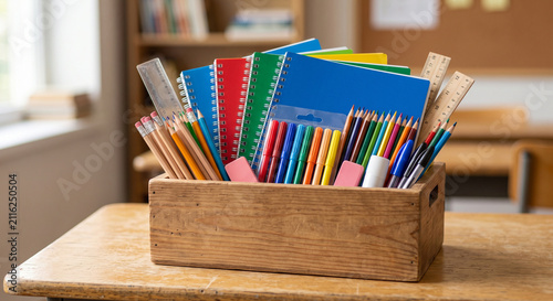School donation supplies with backpacks and notebooks with backpacks, notebooks and pencils in a realistic classroom or community table for local community support