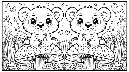 Bear illustration drawing cute cubs sitting on mushrooms