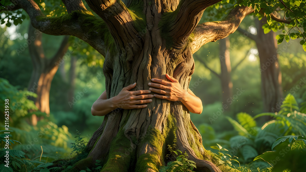 Fototapeta premium Person Hugging Ancient Forest Tree Trunk Symbolizing Nature Conservation Environmental Protection Sustainable Living and Human Connection with Earth