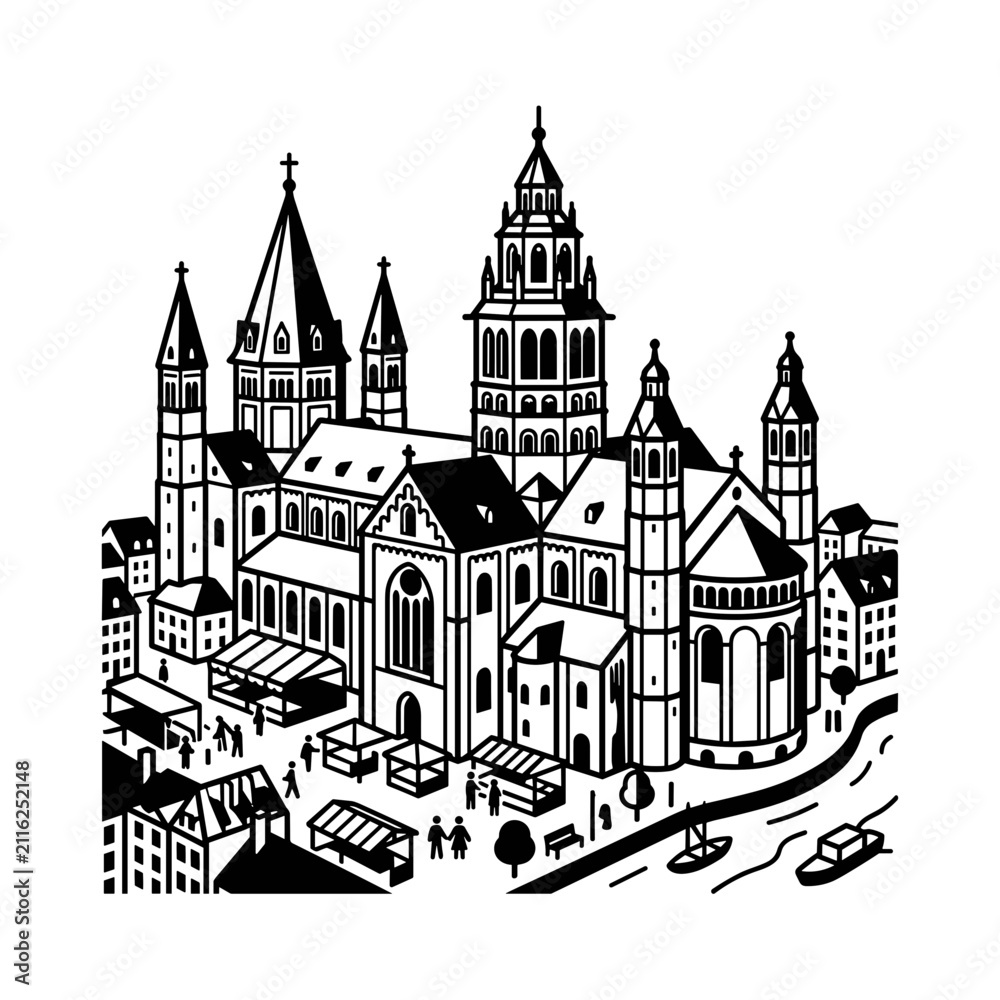 Fototapeta premium Impressive Cathedral Architecture with Cityscape and Market.
