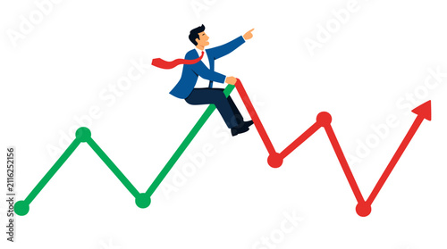 Businessman riding a dramatic rising and falling financial line chart, symbolizing investment volatility, market uncertainty, trading risk and changing corporate fortunes in vivid flat vector art