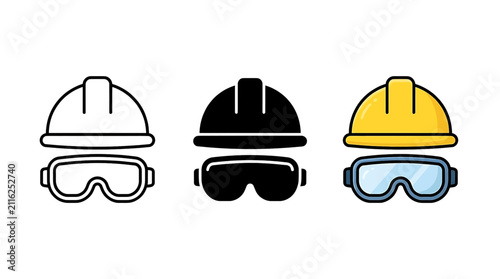 Safety equipment icon set featuring a yellow hard hat and protective goggles for industrial construction, workplace safety, and engineering.