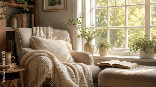 A cozy sunlit reading nook with an armchair, knitted blanket, open book, plants, and bookshelves suits home decor or hygge lifestyle promotions.