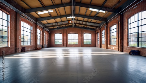 spacious empty interior of a modern warehouse featuring exposed brick walls and large windows providing natural light