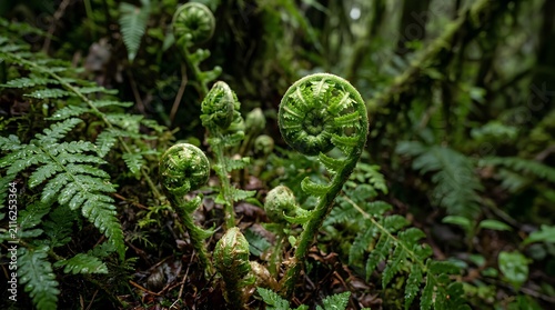 Fresh green fern fiddleheads unfurl on a damp forest floor, suited for botanical, ecology, rainforest, wellness, or natural growth promotions.