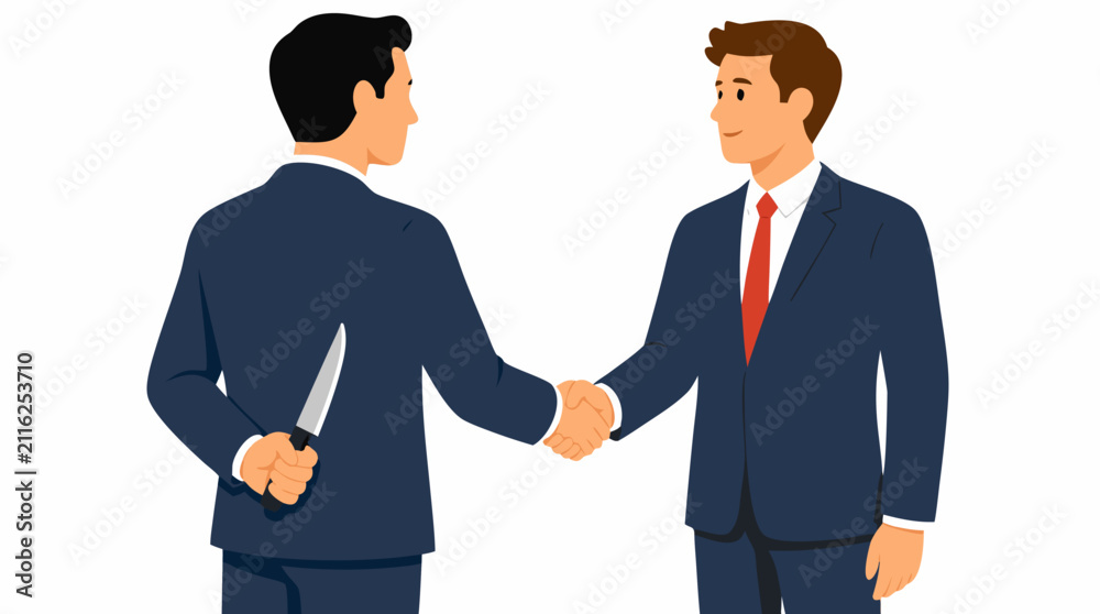 Fototapeta premium Business betrayal concept with a deceptive businessman hiding a knife while shaking hands with an unaware colleague, vivid flat vector illustration of corporate danger, distrust, and treachery
