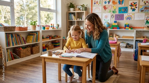 A smiling teacher helps a young girl draw with colored pencils at a classroom desk, ideal for early education, tutoring, childcare, and learning materials.