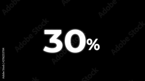 Abstract 30 percent animation. Motion graphics of number count concept symbol on White Background.Minimalist White Text on Black Background for Retail Promotion and Marketing.