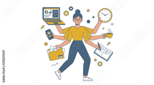 Busy woman multitasking with various office tasks.