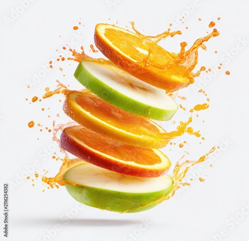 Colorful fruit slices, oranges & green apples, stacked vertically, with juice splashing out, white backdrop