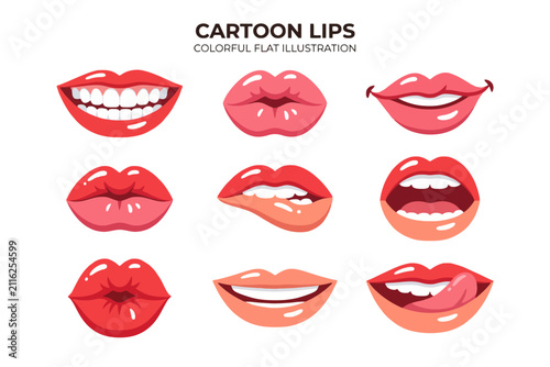 Cartoon Lips Set with Various Expressions on White Background