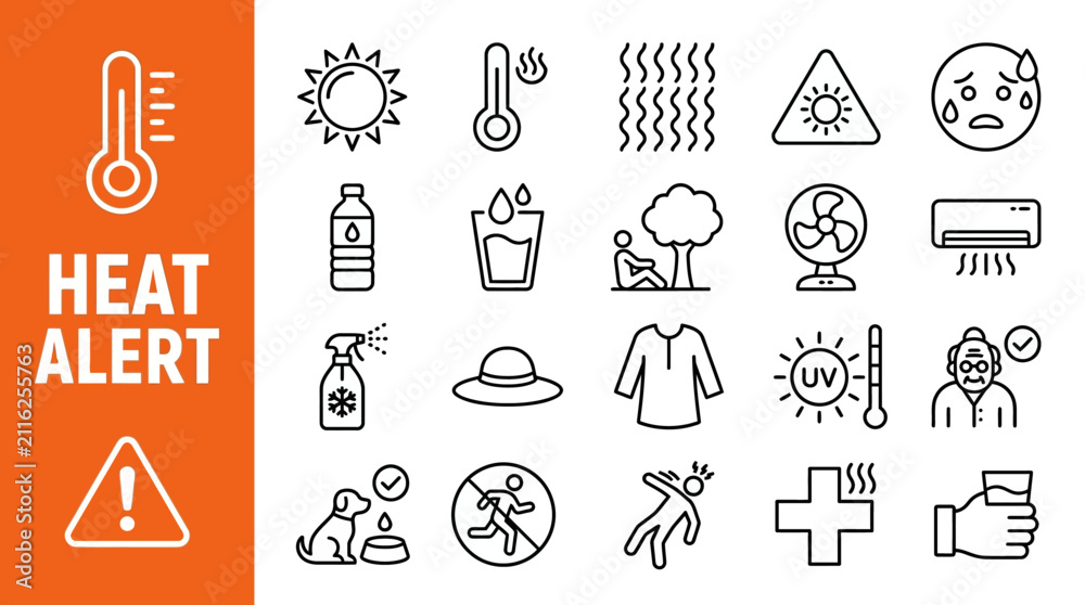 Fototapeta premium Heat alert icons for summer weather safety and extreme temperatures