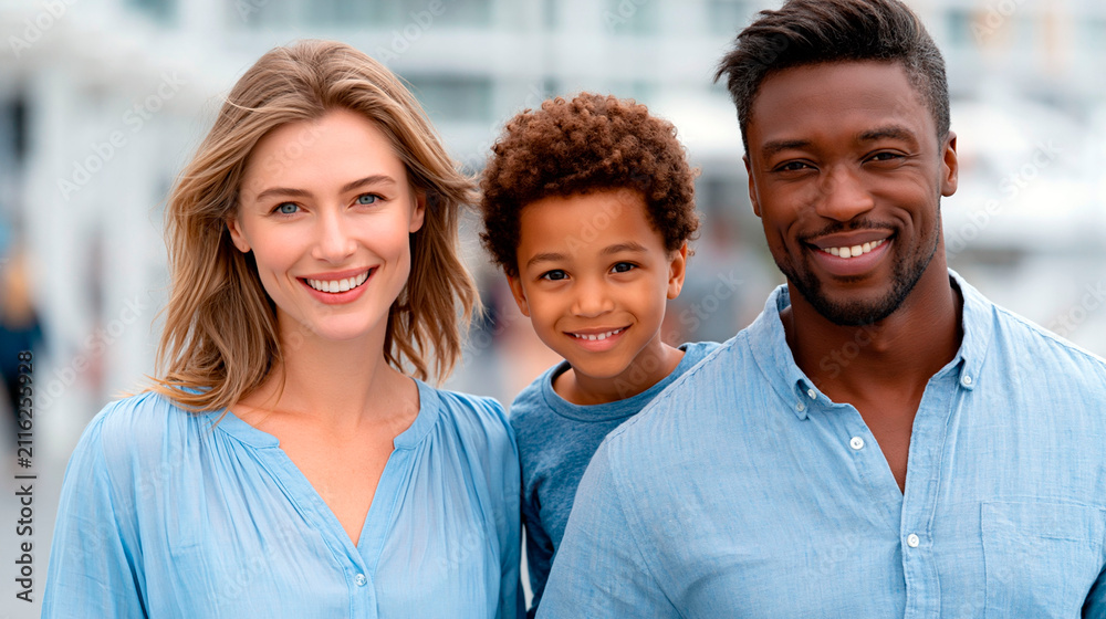 Fototapeta premium Happy multiracial family with smiling parents and young son posing together outdoors in modern urban setting