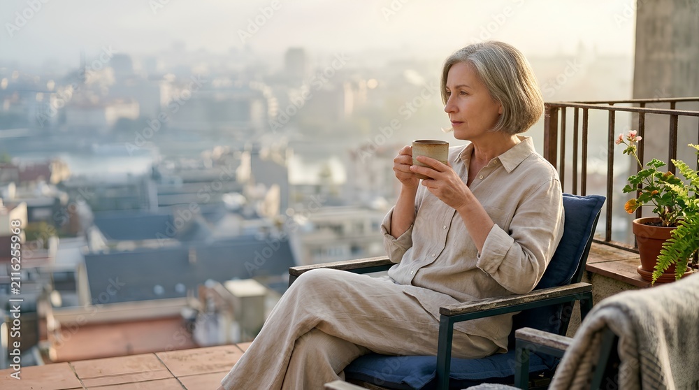Fototapeta premium A serene middle-aged woman with grey hair enjoys a quiet morning on a sunlit balcony, holding a warm ceramic coffee cup while overlooking a soft-focus urban cityscape during a peaceful golden hour.