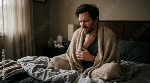 A distressed man sitting on a bed wrapped in a beige blanket, touching his sore throat with a pained expression, suffering from a cold or flu in a dimly lit bedroom, concept of illness and recovery.