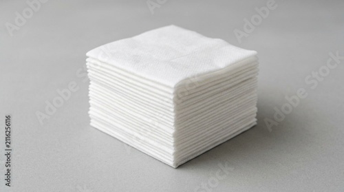 A neat stack of plain white disposable wet wipes arranged on a light gray surface with soft even studio lighting, showcasing hygiene and cleanliness for personal care or cleaning purposes.