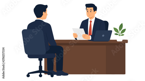 Businessman conducting a professional job interview across an office desk with a candidate, clean flat vector illustration depicting recruitment, hiring, evaluation, careers, and human resources
