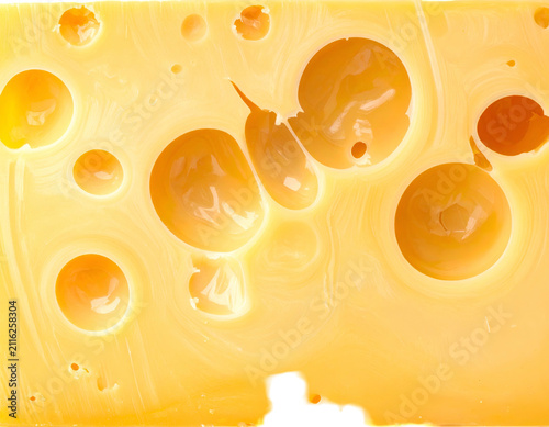 Macro Close Up of Swiss Cheese Block with Distinctive Holes and Smooth Texture