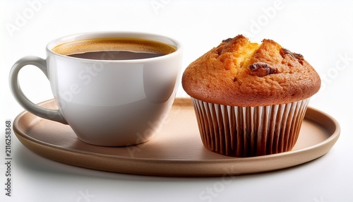 a cup of coffee served alongside a warm muffin perfect for breakfast full length isolate on white background