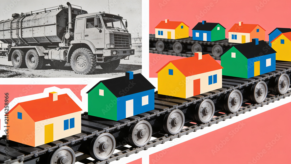 Obraz premium Industrial Mass Production of Tiny Colorful Homes on Moving Tracks
