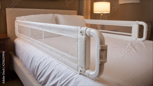 Sturdy White Bed Rail Securely Attached to a Twin Mattress for Enhanced Sleep Safety