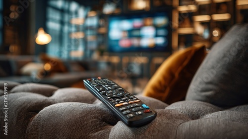 Television Remote Control Resting on a Couch with Blurred Screen Display in a Modern Living Room