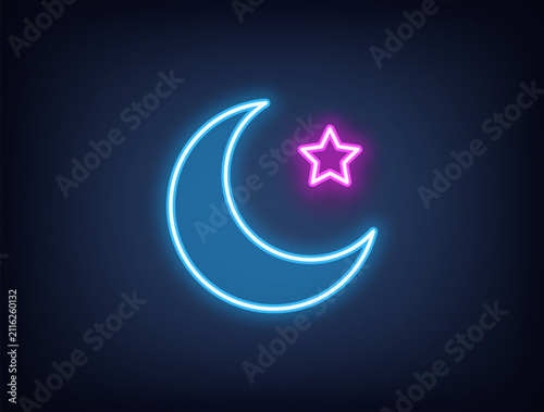 Outline neon crescent, blue magenta. Neon crescent with star, half moon icon. Crescent for Islamic holidays, Ramadan. Magic dream, moon phase and cycle, night and sleep time. Vector