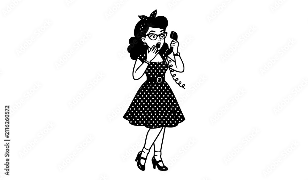 Fototapeta premium Retro Surprised Pin Up Girl Speaking on Vintage Phone Full Body Vector