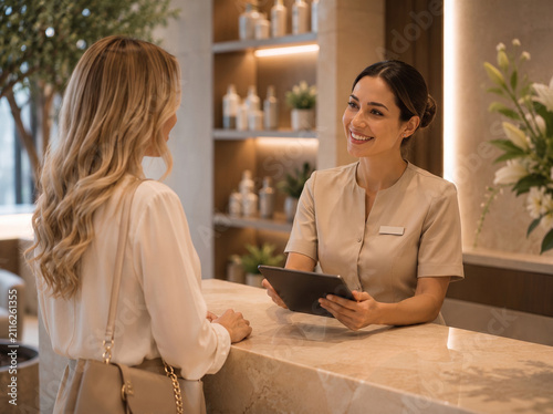 Luxury health and wellness clinic reception with a friendly professional receptionist welcoming a female client in a premium modern medical spa interior designed