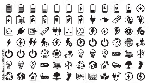 Energy and power icons set. Battery charging and electricity symbols for web design.