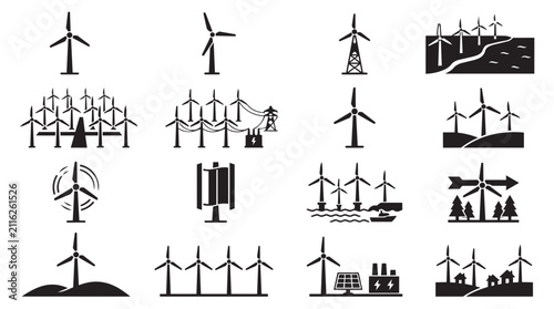 Set of renewable energy icons and wind turbines. Vector illustration of sustainable power sources and eco-friendly technology symbols.