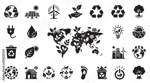 Global sustainability icons set for eco-friendly campaigns. Vector illustration of renewable energy and environmental conservation symbols.